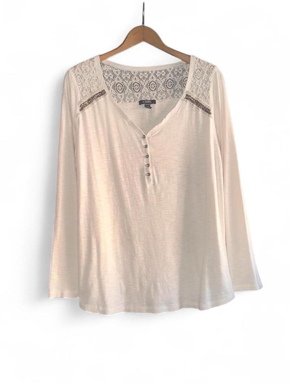 Chaps Embellished Top Womens Plus Size 2X Cream Slub Lace Beading Rhinestone